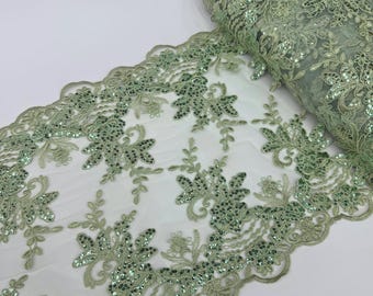 Sage Floral Lace Fabric for Table Runner, Sequins Embroidered Lace on Mesh Fabric Trim Lace 14" Wide Sage Embroidered Scalloped Table Runner
