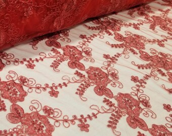 Red Embroidered Lace Fabric, Red Lace Fabric, Red Floral Lace with Sequins on Mesh Lace Fabric by the Yard, Red Double Scalloped Lace