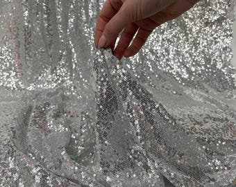 Silver Iridescent Sequin Fabric – Shiny Stretch Mesh by the Yard for Party Dresses, Stage Wear & Event Backdrops