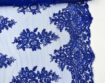 Royal Blue Floral Lace by the Yard, Embroidered Royal Blue Lace Fabric with Sequins, Blue Lace Embroidery with Sequins on Mesh Lace Fabric