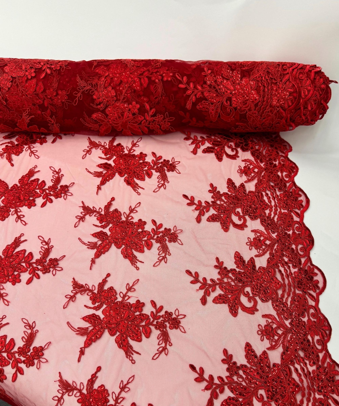 Red Floral Lace by the Yard, Red Embroidered Lace Fabric With Sequins ...