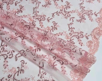 Pink Floral Lace by the Yard, Embroidered Pink Lace Fabric with Sequins, Floral Pink Lace Fabric Embroidery with Sequins on Mesh