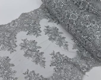 Silver Metallic Lace Fabric for Table Runner, Embroidery with Sequin on Lace Mesh Fabric, Lace Trim 20" Wide Silver Embroidered Table Runner