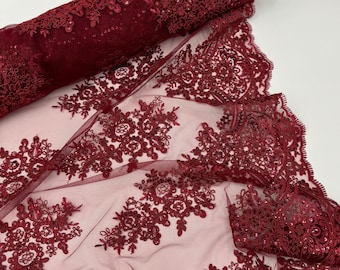 Burgundy Lace Fabric, Burgundy Embroidered Lace Fabric with Sequins, Floral Embroidery on Mesh Lace Fabric by the Yard, Burgundy Floral Lace