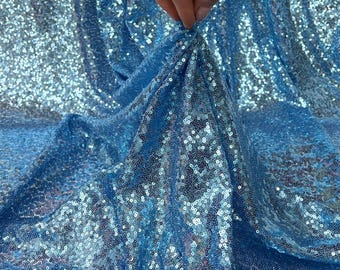 Baby Blue Iridescent Sequin Fabric – Stretch Mesh Sequins by the Yard for Fashion, Bridal Wear & Party Decorations