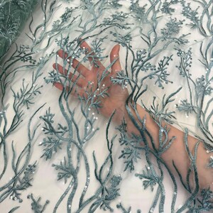 Mint Lace Fabric, Mint Embroidered Lace Fabric, Floral Embroidery with Sequins on Mesh Lace Fabric by the Yard, Mint Embroidered Fabric