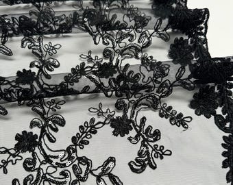 Black Floral Lace by the Yard, Embroidered Black Lace Fabric with Sequins, Floral Black Lace Fabric Embroidery with Sequins on Mesh Lace