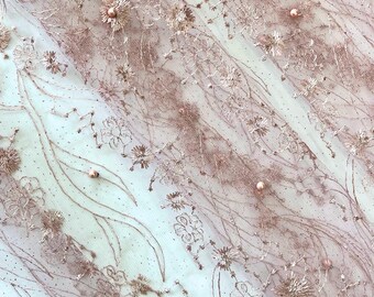 Blush Lace fabric, Beaded Lace Fabric, Dusty Rose Embroidered Lace Fabric, Floral Embroidery with Pearls on Blush Lace Fabric by the Yard