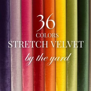 May include: A vibrant display of 36 colors of stretch velvet fabric, arranged vertically. The image showcases a spectrum of hues, from deep purple to sunny yellow and forest green. Text overlay reads "36 COLORS STRETCH VELVET by the yard."
