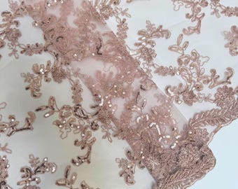 Dusty Rose Floral Lace by the Yard Embroidered Dusty Rose Lace Fabric with Sequins, Floral Blush Lace Fabric Embroidery with Sequins on Mesh