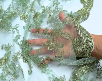 Floral Sage Green Lace Fabric by the Yard Sequined Embroidered on Sage Lace Floral Embroidery Corded with Sequins on Lace for Gowns, Saree