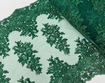 Hunter Green Lace Fabric for Table Runner, Embroidery with Sequin on Lace Mesh, Lace Trim, 20" Wide Green Christmas Embroidered Table Runner
