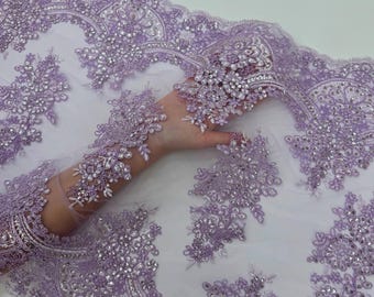 Lilac Lace Fabric for Table Runner, Embroidery with Sequin on Lace Mesh Fabric, Lace Trim, 20" Wide Lilac Embroidered Scalloped Table Runner