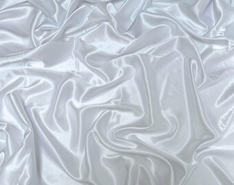 White Silky Stretch Satin Fabric by the Yard, White Stretch Charmeuse Fabric for Wedding Dress, Gowns, Silky Dress, White Satin Fabric