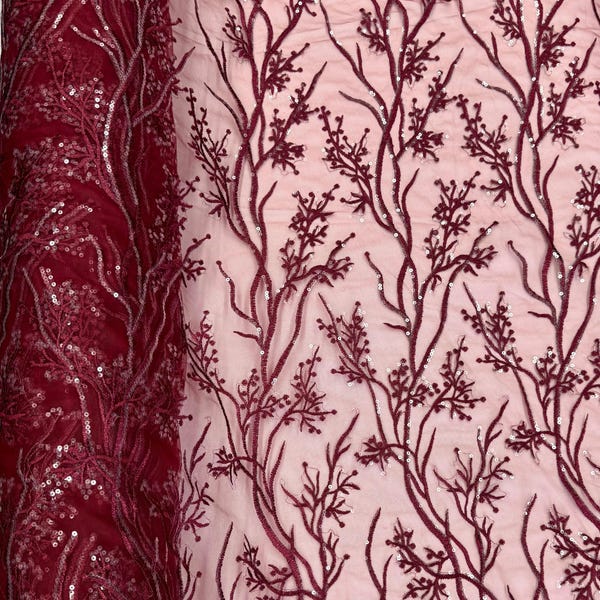Burgundy Lace Fabric, Burgundy Embroidered Lace Fabric with Sequins, Floral Embroidery on Mesh Lace Fabric by the Yard, Burgundy Floral Lace