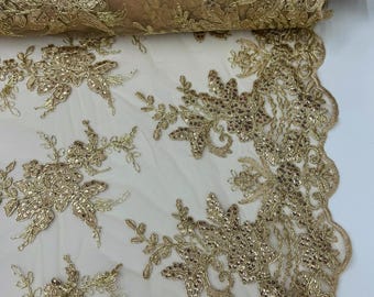 Champagne Floral Lace by the Yard, Embroidered Champagne Lace Fabric with Sequins Gold Floral Bridal Lace for Wedding Dress Runners Applique