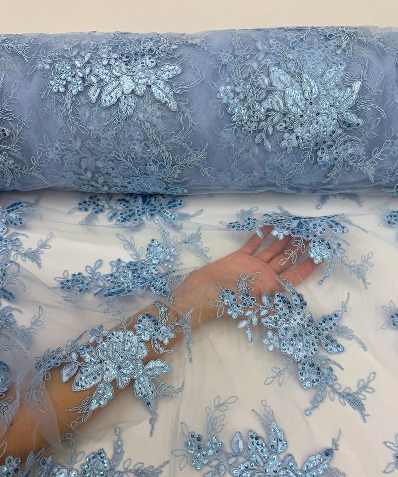 Baby Blue Floral Lace by the Yard, Embroidered Light Blue Lace Fabric ...
