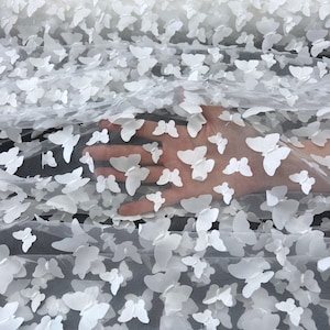 White 3D Butterfly Lace Fabric Embroidery on Tulle, 3D Butterfly Tulle Mesh Fabric, All Over Butterfly Fabric, 3D Lace by the Yard, 58/60&quot;