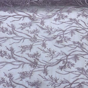 Light Lilac Lace Fabric, Lilac Embroidered Lace Fabric, Floral Embroidery with Sequins on Mesh Lace Fabric by the Yard, Branch Embroidery