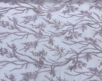 Light Lilac Lace Fabric, Lilac Embroidered Lace Fabric, Floral Embroidery with Sequins on Mesh Lace Fabric by the Yard, Branch Embroidery