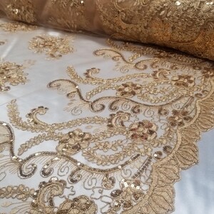 Gold Floral Lace by the Yard, Gold Embroidery on Lace Fabric with Sequins, Floral Embroidered Gold Lace with Sequins on Mesh Fabric by Yard