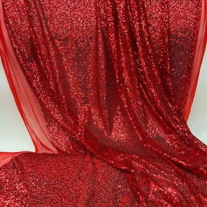Shiny Red Sequin Fabric – Glitz Stretch Mesh Sequins by the Yard for Party Wear, Wedding Backdrops & Table Runners