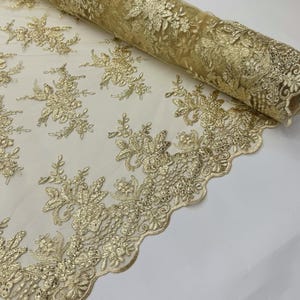Gold Floral Lace by the Yard, Gold Embroidered Lace Fabric with Sequins, Floral Bridal Lace for Wedding Dress Tablecloth Runners Costumes