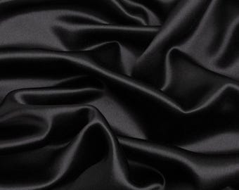 Black Faux Silk Stretch Satin Charmeuse Fabric by the Yard, Black Satin Charmeuse Fabric for Wedding Gowns, Bridesmaid Dresses