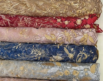 Embroidered Lace Fabric by the Yard, Floral Embroidery with Pearls on Mesh Lace, Scalloped African Lace for Gowns, Tablecloths, Costumes