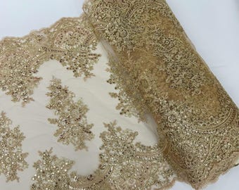 Gold  Lace Fabric for Table Runner, Embroidery with Sequin on Lace Mesh Fabric, Lace Trim 20" Wide Gold Embroidered Scalloped Table Runner