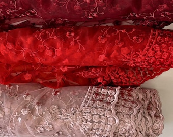 Embroidered Floral Lace Fabric, Floral Embroidery on Mesh Lace by the Yard, Scallop Lace for Wedding Dress, Veil, Bridal Gown, Prom