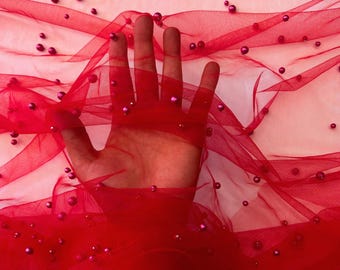 Red Pearl Tulle Fabric, Scattered Pearls Studded Mesh, Red Tulle Lace Fabric with Pearls, Stretch Beaded Tulle for Gowns, Flower Girl Dress