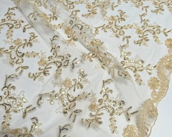 Champagne Floral Lace by the Yard, Embroidered Champagne Lace Fabric with Sequins, Champagne Sequins on Mesh Lace Fabric for Wedding Gowns