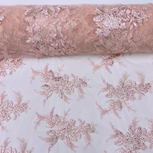 Embroidered Blush Lace Fabric with Sequins, Blush Floral Lace by the Yard, Tulle Blush Pink Bridal Lace for Wedding Gown Veil bridal Dress