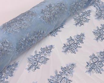 Light Blue Floral Lace by the Yard, Embroidered Baby Blue Lace Fabric with Sequins, Blue Lace Embroidery with Sequins on Mesh Lace Fabric