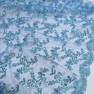 Baby Blue Floral Lace by the Yard Embroidered Light Blue Lace Fabric with Sequins, Baby Blue Lace Fabric Embroidery with Sequins on Mesh