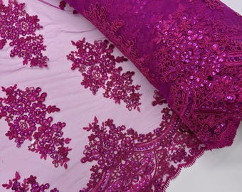Magenta Floral Lace by the Yard, Embroidered Magenta Lace Fabric with Sequins, Magenta Lace Embroidery with Sequins on Mesh Lace Fabric
