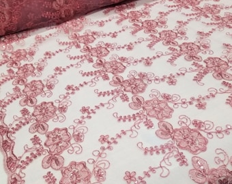 Dusty Rose Embroidered Lace Fabric, Dusty Pink Lace Fabric, Floral Lace with Sequins on Mesh Fabric by the Yard, Dusty Rose Scalloped Lace