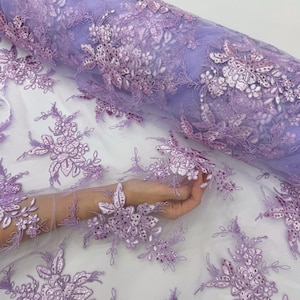 Lilac Floral Lace by the Yard, Lilac Embroidered Lace Fabric with Sequins, Floral Tulle Lavender Lace Fabric for Tablecloth Dress Costumes