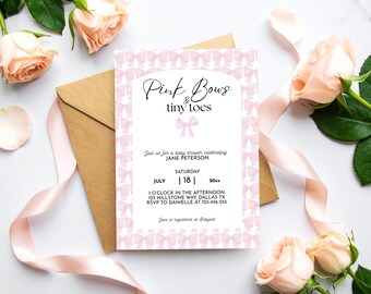 Pink Bows and Tiny Toes Baby Shower Invitation for Girl, Bow Baby Shower, Editable Baby Shower Invite
