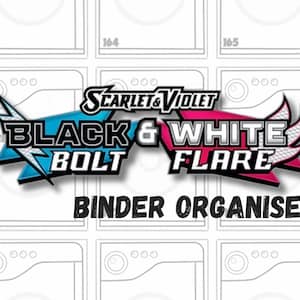 May include: A binder organizer with the text "SCARLET & VIOLET BLACK & WHITE BOLT FLARE BINDER ORGANISER". The design features a blue and black lightning bolt and a pink and white flame.