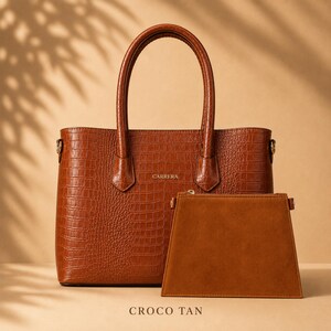 Croco Tan luxury calf leather tote bag with removable pouch