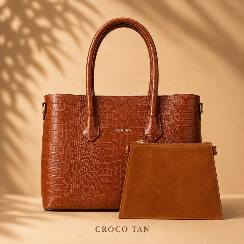 Croco Tan luxury calf leather tote bag with removable pouch