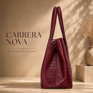 Structured croco embossed leather executive tote handbag side profile view
