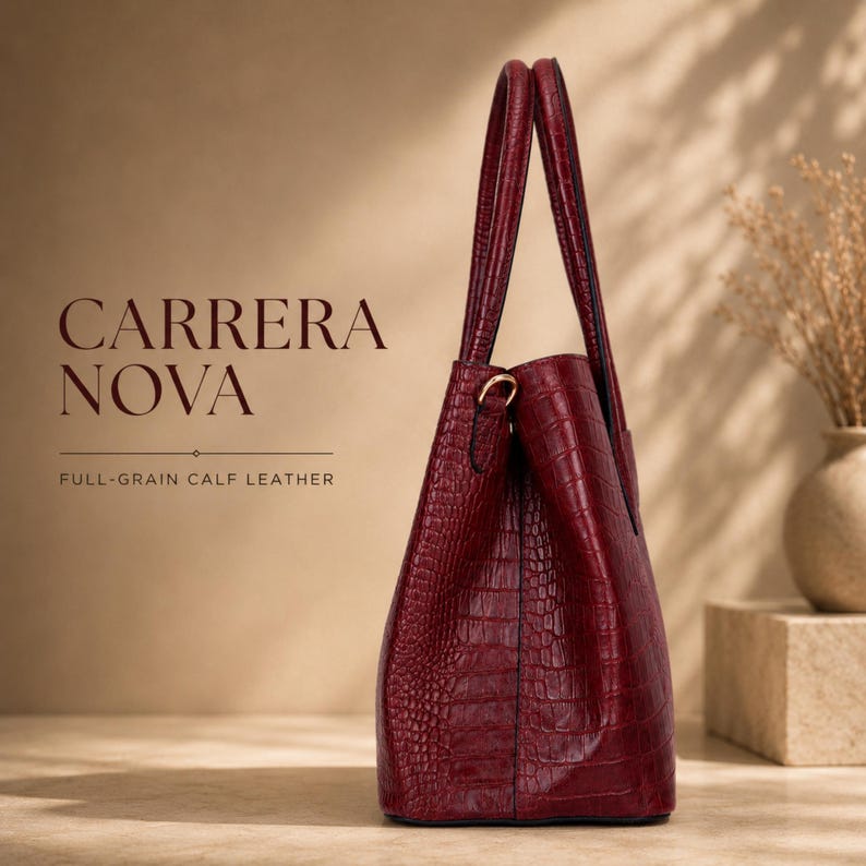 Structured croco embossed leather executive tote handbag side profile view