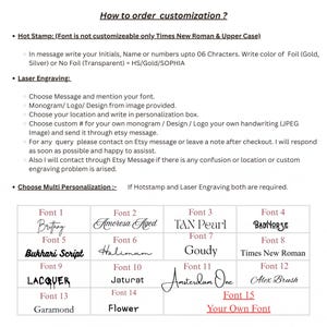 May include: Image detailing customization options, including hot stamping and laser engraving. Instructions are provided for personalization, such as choosing fonts and providing custom designs. Font examples are displayed, including "Brittany" and "Times New Roman."