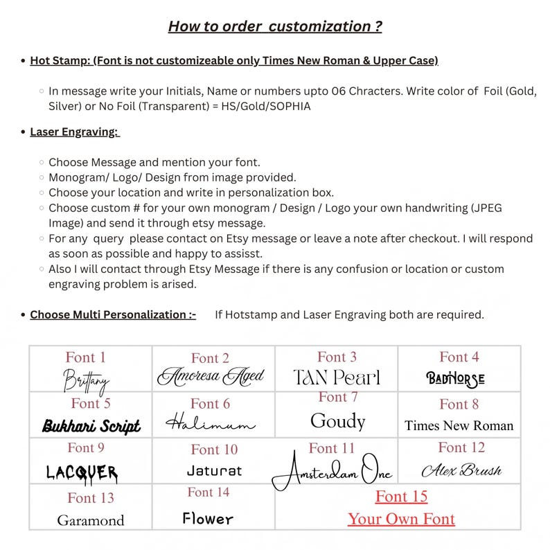 May include: Image detailing customization options, including hot stamping and laser engraving. Instructions are provided for personalization, such as choosing fonts and providing custom designs. Font examples are displayed, including "Brittany" and "Times New Roman."