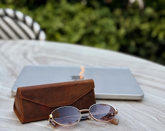 Personalized Genuine Leather Glasses Case | Foldable Suede-Lined | Hard Triangular Protective Sunglasses Holder