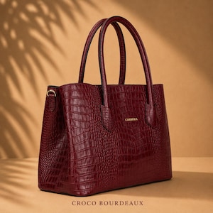 Croco Bourdeaux structured luxury leather tote bag with matching pouch