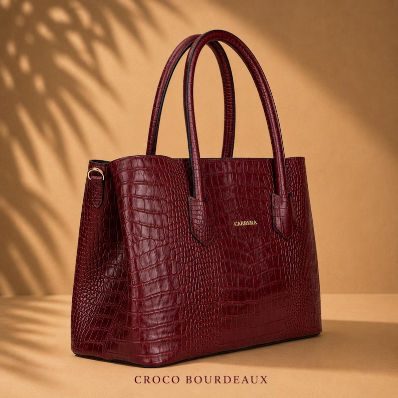 Croco Bourdeaux structured luxury leather tote bag with matching pouch